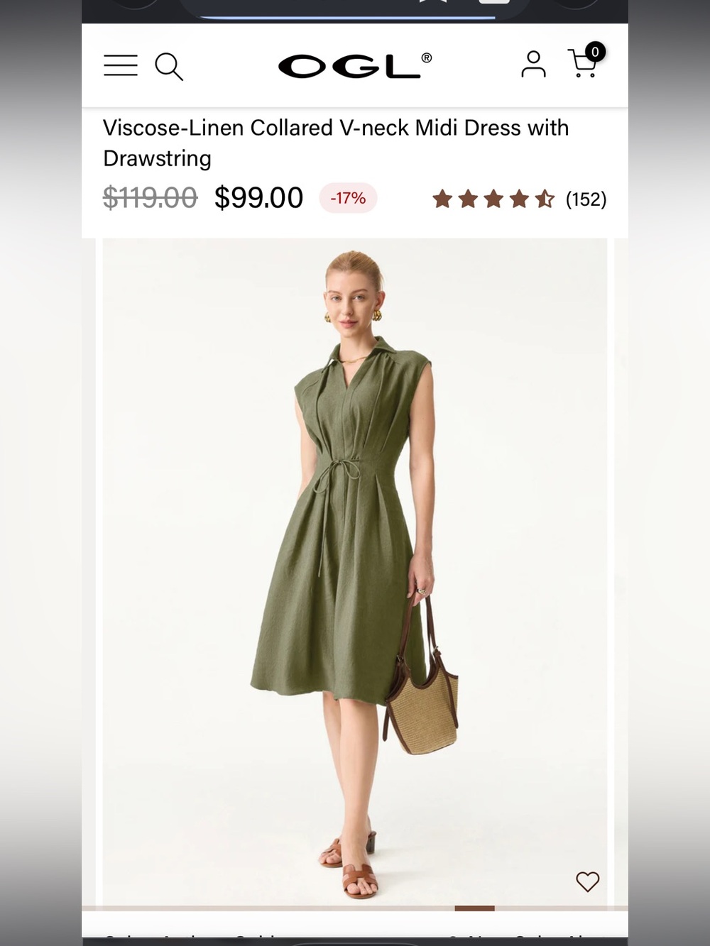 OGL Olive Green Collared V‑Neck Midi Dress with Drawstring
